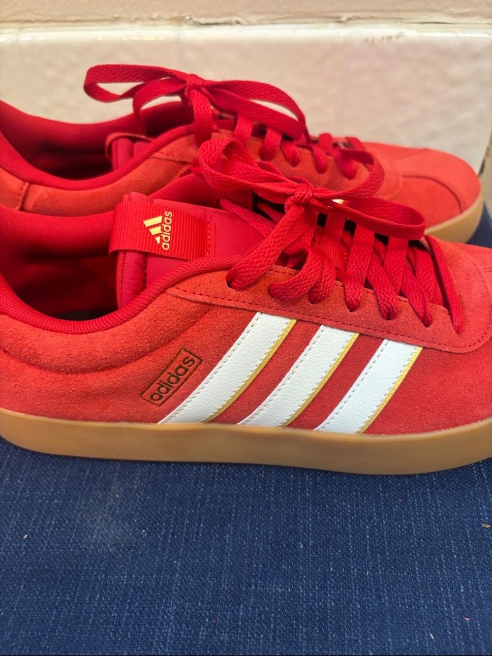 adidas Red Suede Sneakers with White Stripes and Gum Sole